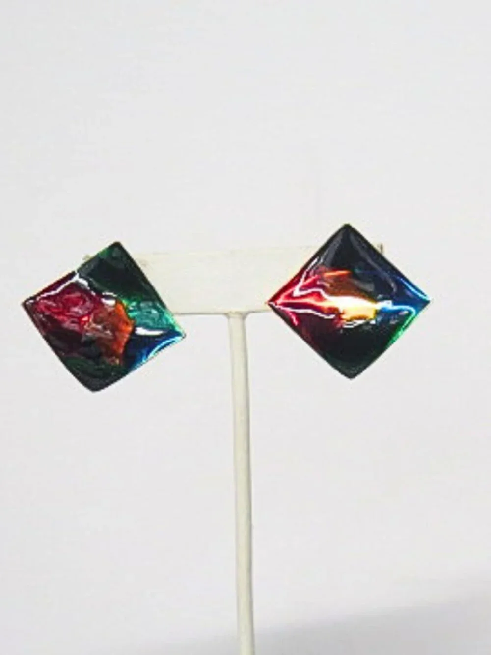 Vintage Multicolor Enamel Geometric Diamond Clip-On Statement Earrings